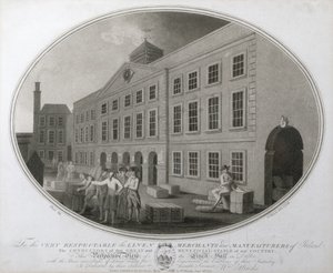 Vista en Perspectiva del Salón del Lino en Dublín, placa XII de La Manufactura de Lino de Irlanda, 1783 de William Hincks